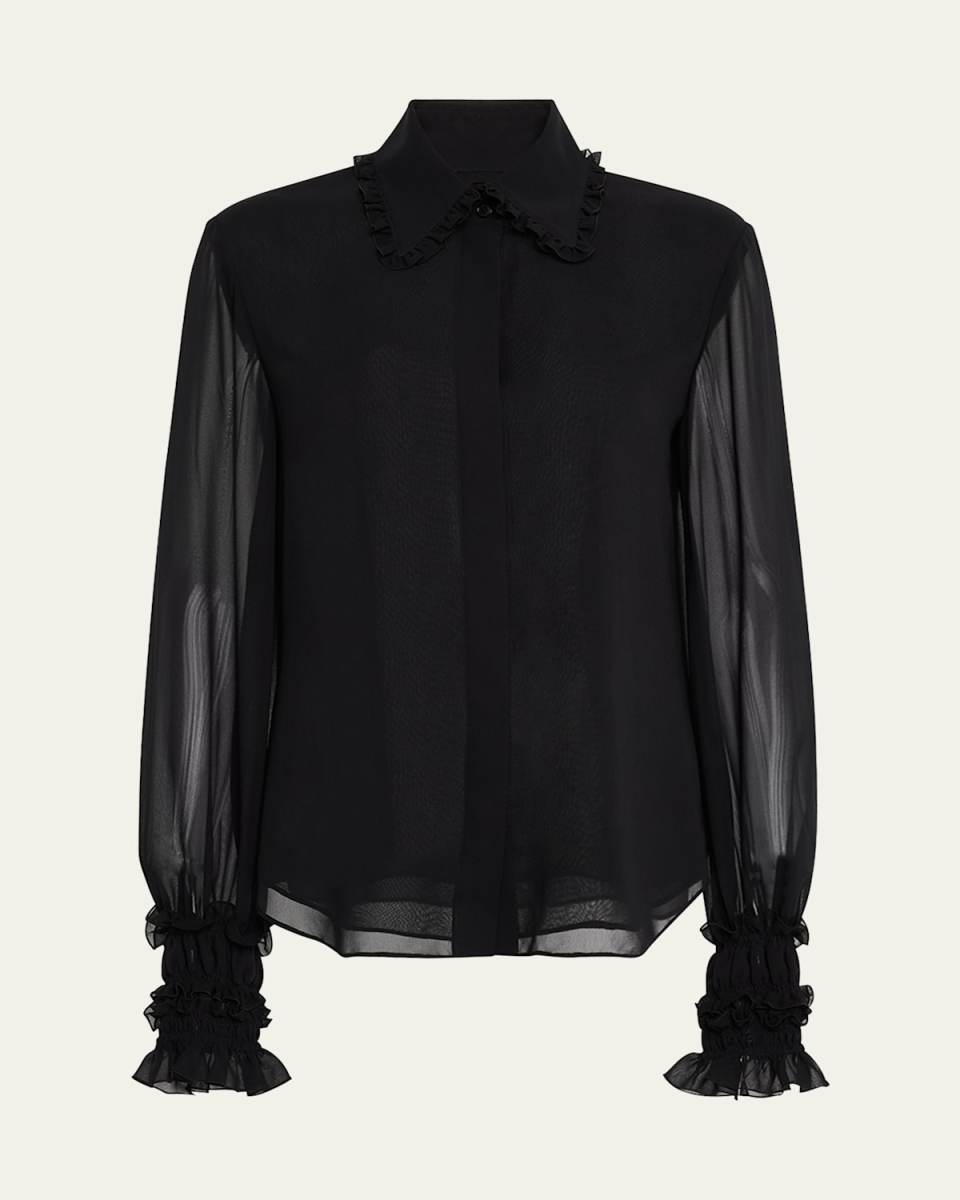 Ruffle-Trim Silk Blouse